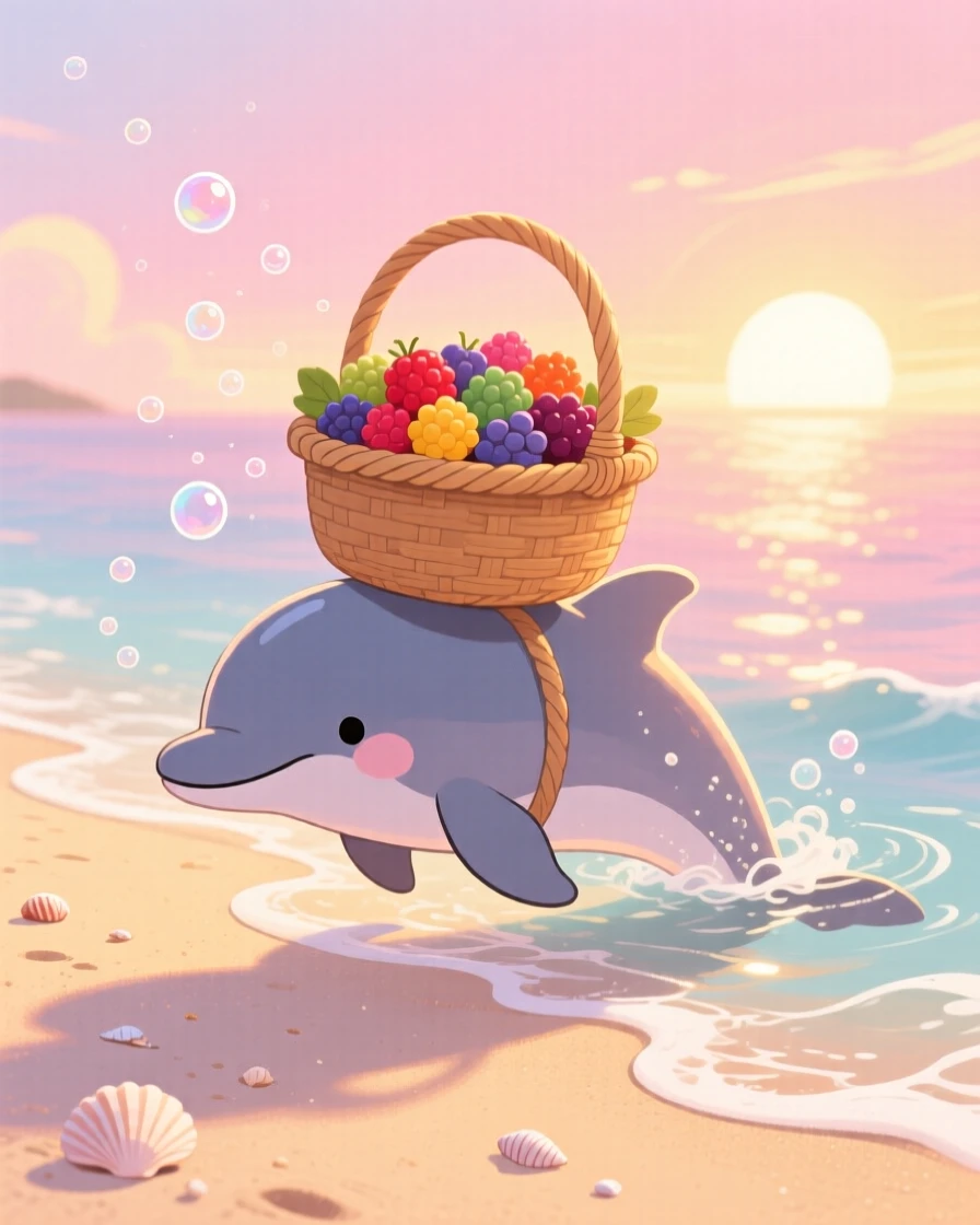 A gentle dolphin is carrying a basket of berries in a sandy beach at sunrise, as tiny bubbles float upward.