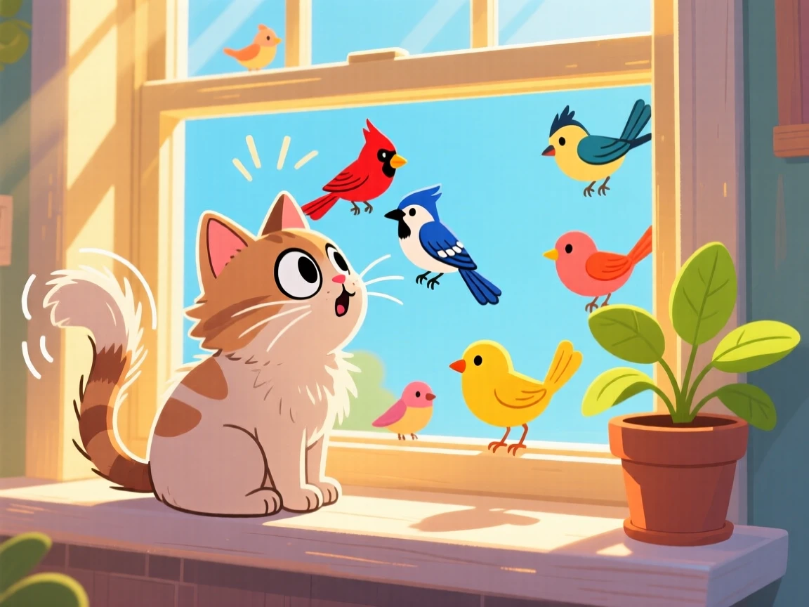A cat watching birds through a sunny window with twitching tail.