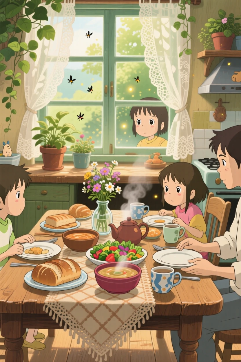 A warm, inviting scene of a rustic dinner table set for a family gathering, as morning light streams through a nearby window.