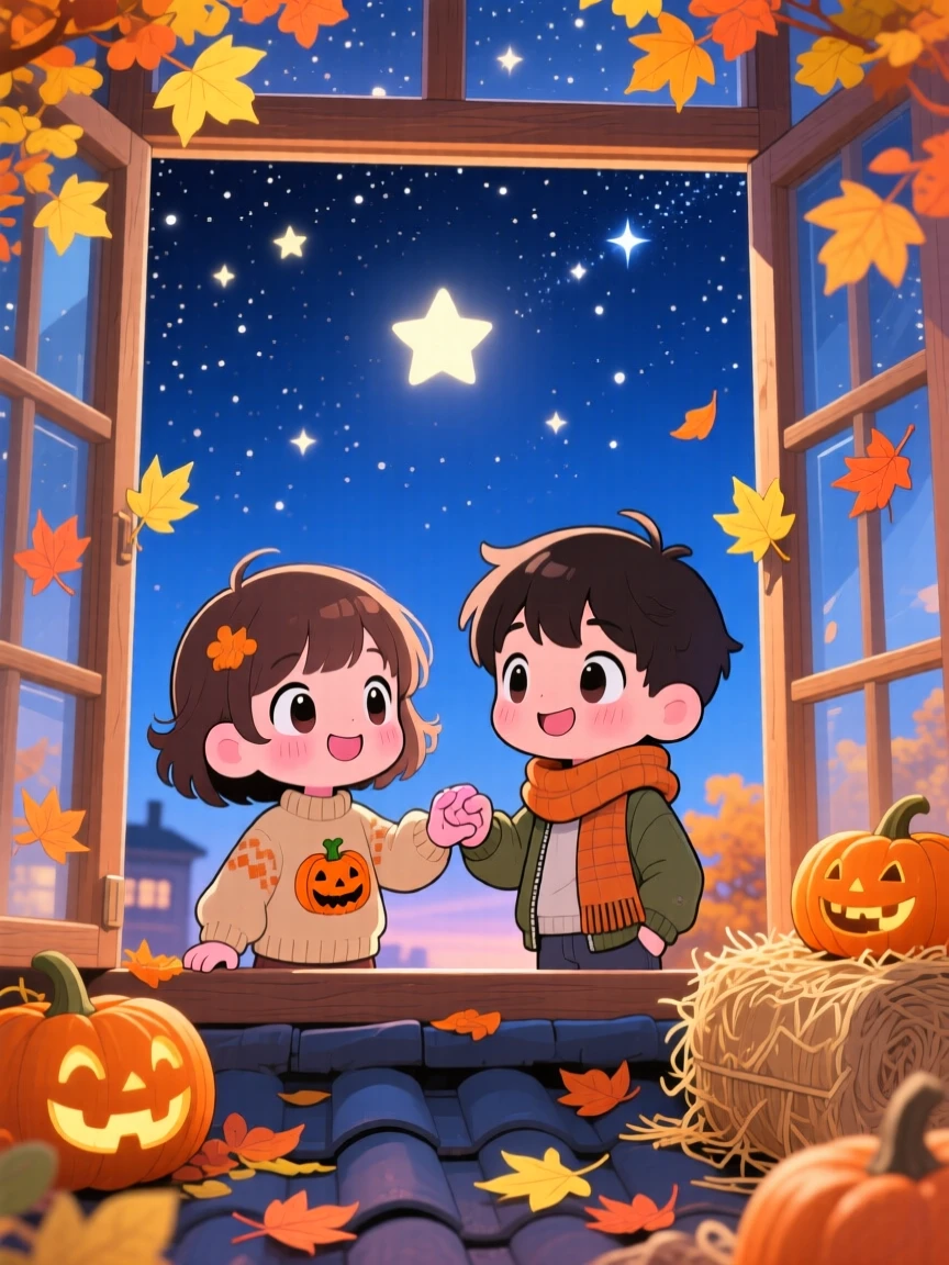 Framed through a window of two children, pinky-promising beneath a starry sky, in a rooftop stargazing spot, during golden autumn harvest season, illuminated by cool blue twilight glow, radiating warm affection.