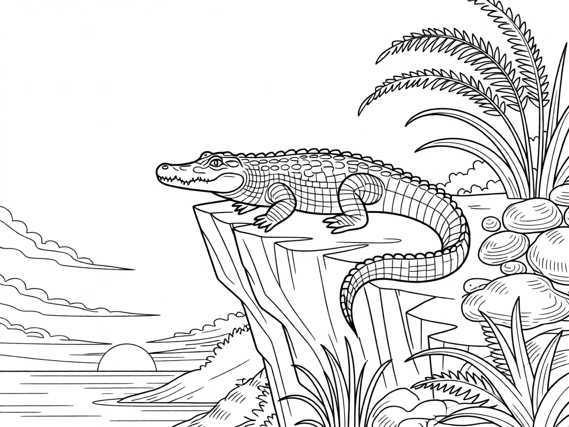 A crocodile perched on a jagged cliff at sunset, surrounded by tall ferns and moss-covered stones.