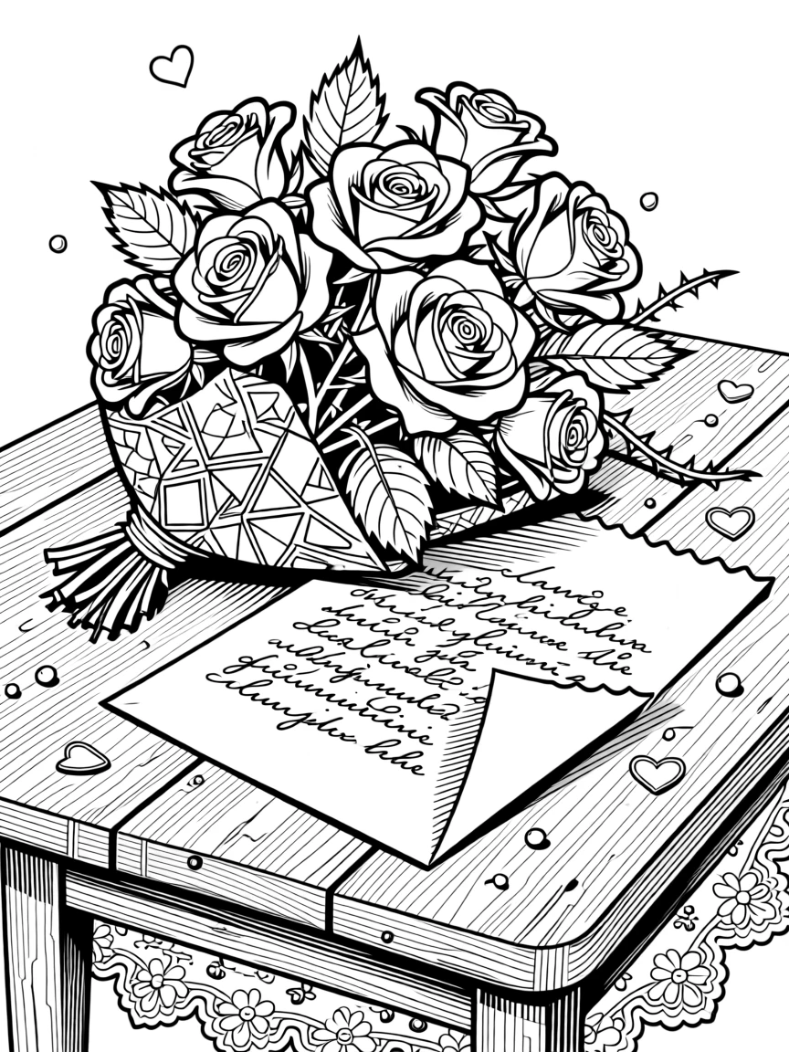 A Valentine's Day scene with a bouquet of roses and a handwritten letter.