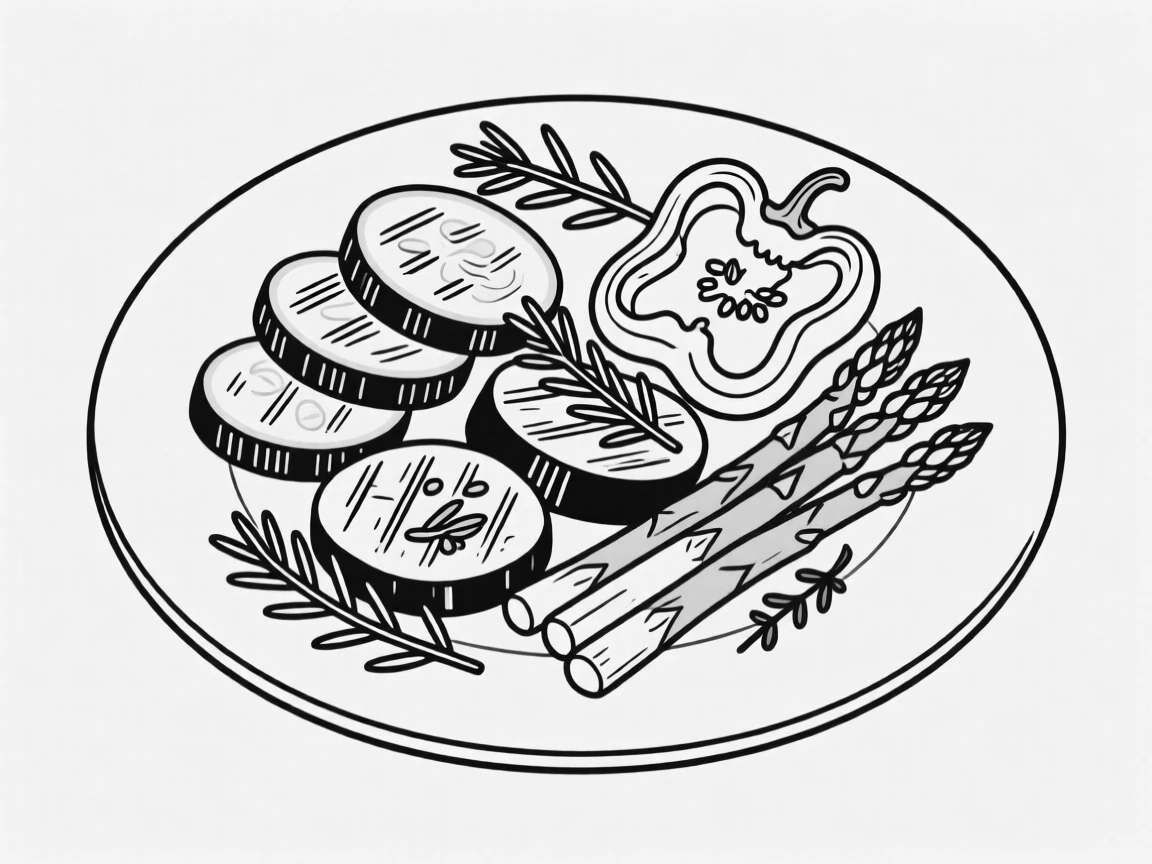 A plate of grilled vegetables arranged with herbs