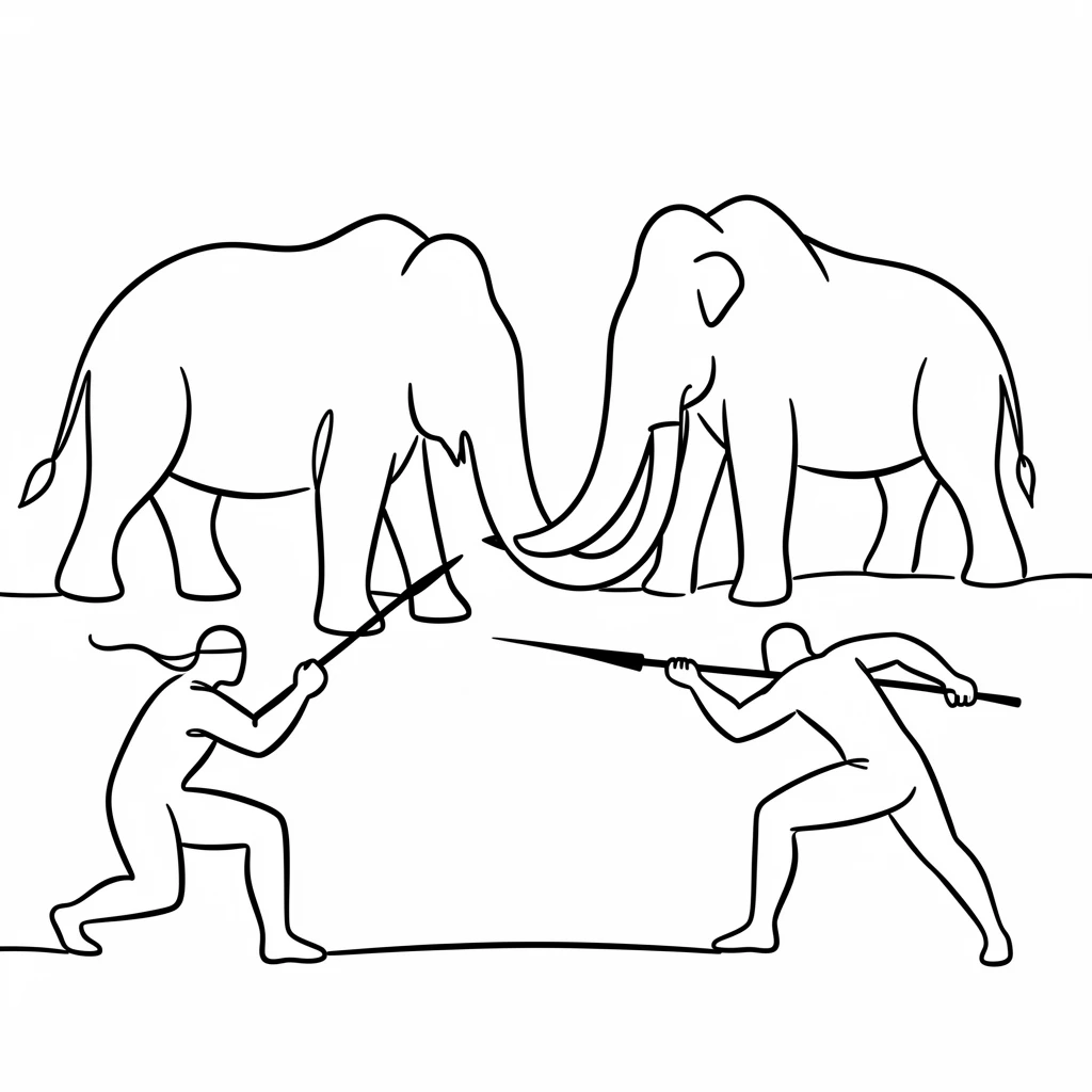 A prehistoric cave painting of hunters and mammoths on a stone wall