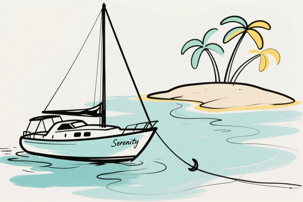 A yacht anchored near a tropical island