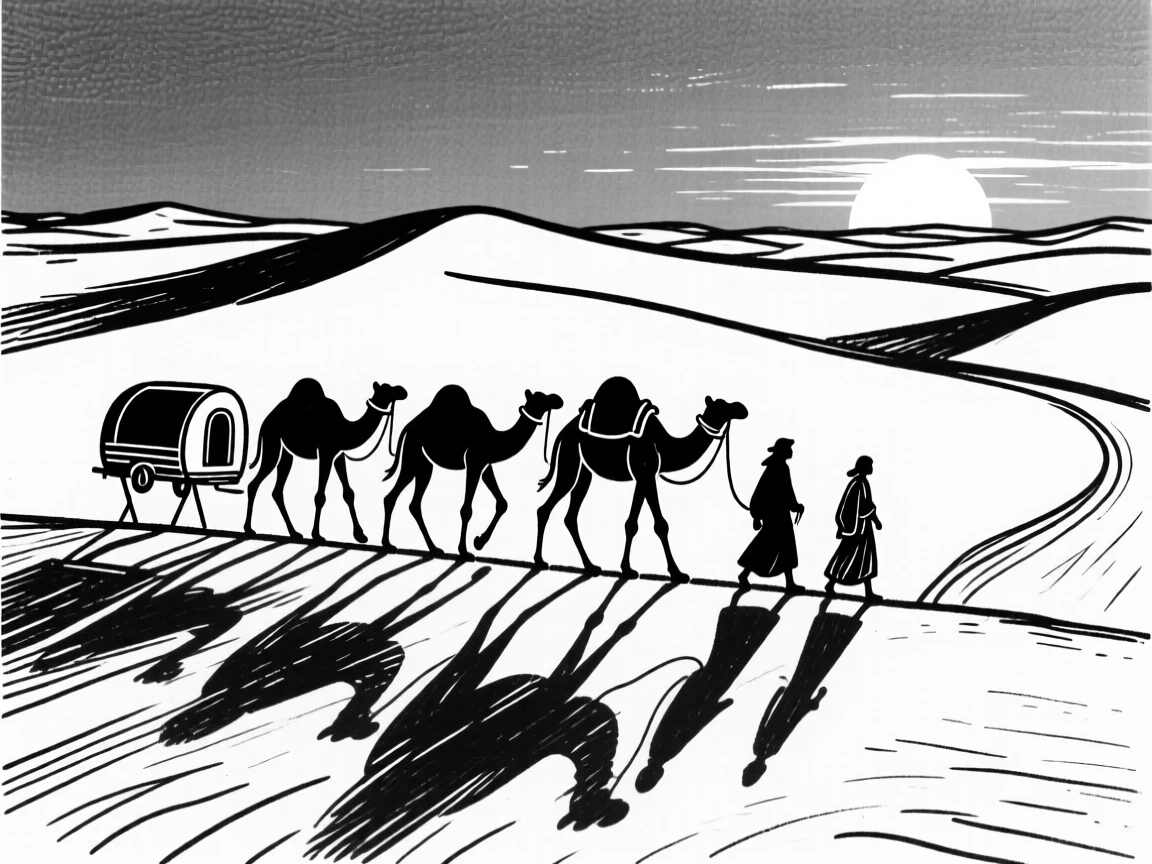 A camel trek crossing the Sahara desert at sunset with a caravan of travelers.