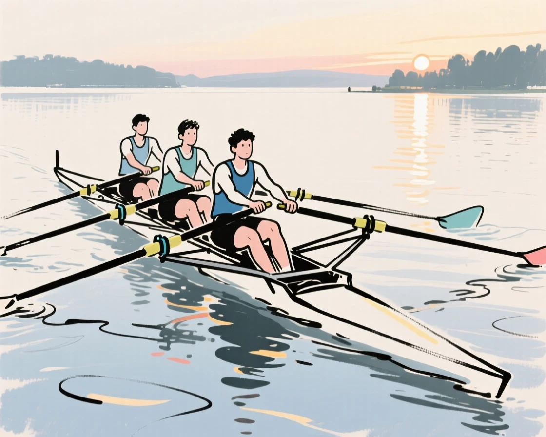 A rower pulling hard across a calm lake at dawn.