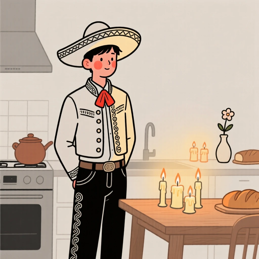 A young man wearing a Mexican charro outfit, in a cozy candlelit kitchen.