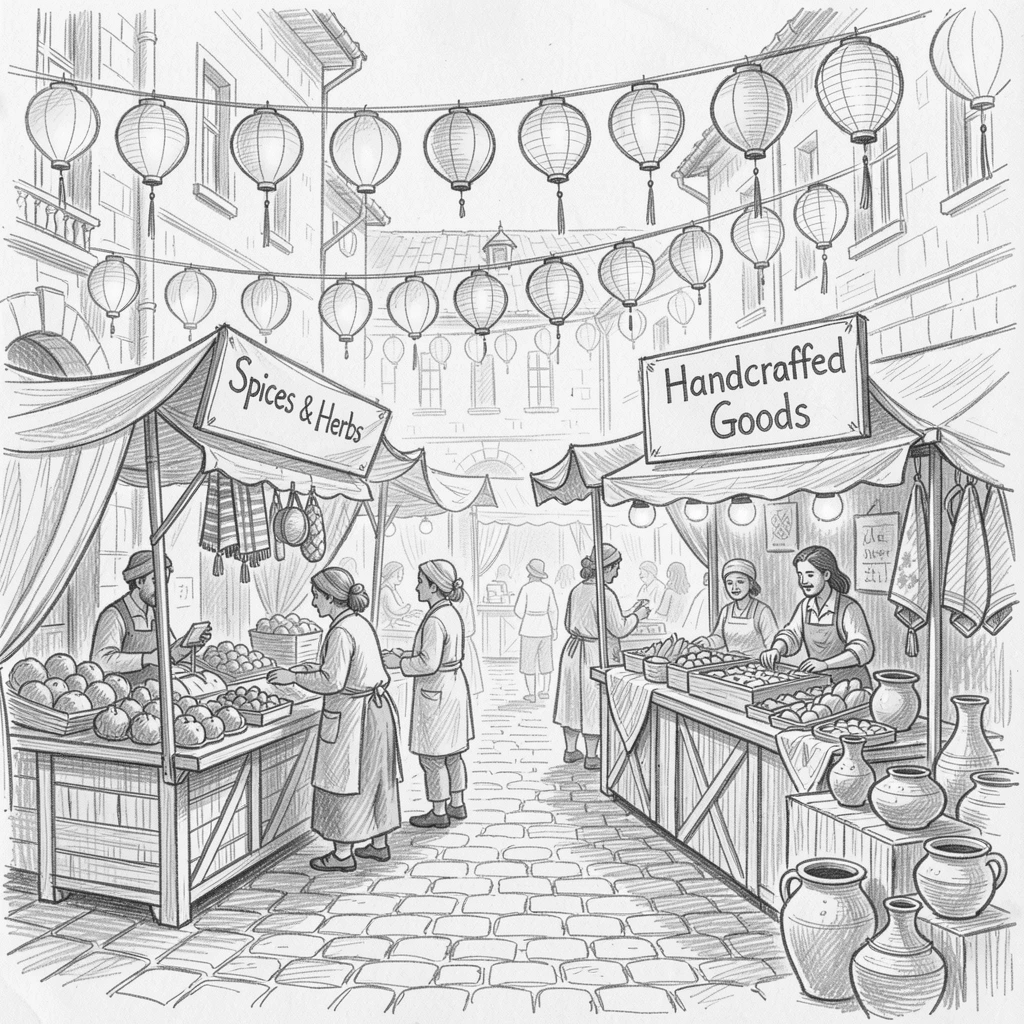 A vibrant cultural scene of vendors selling goods beneath glowing paper lanterns in a historic old town square, with the aroma of spices filling the air.