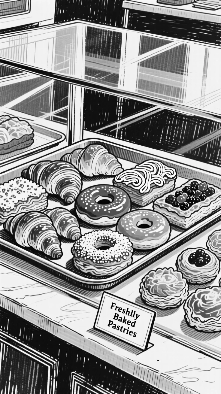 A tray of assorted pastries arranged in a bakery display case.