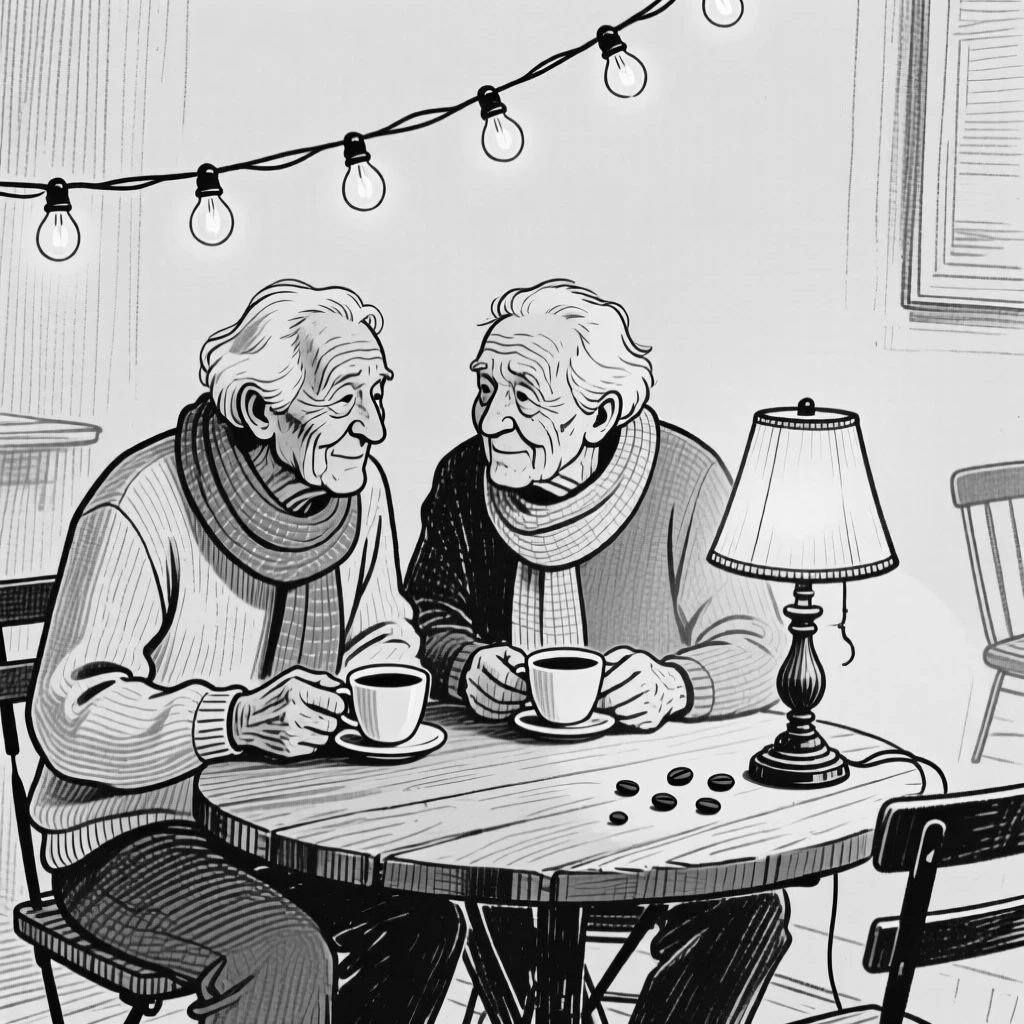 Two old friends sharing coffee at a small table beneath the glow of string lights, with the glow of a nearby lamp softening the scene, creating a full of gentle warmth lifestyle scene.