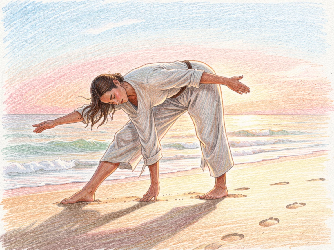 A yogi practicing sun salutations on a quiet beach at sunrise, with a gentle play of light and shadow across the composition, evoking warmth, beauty, and a lasting sense of wonder.