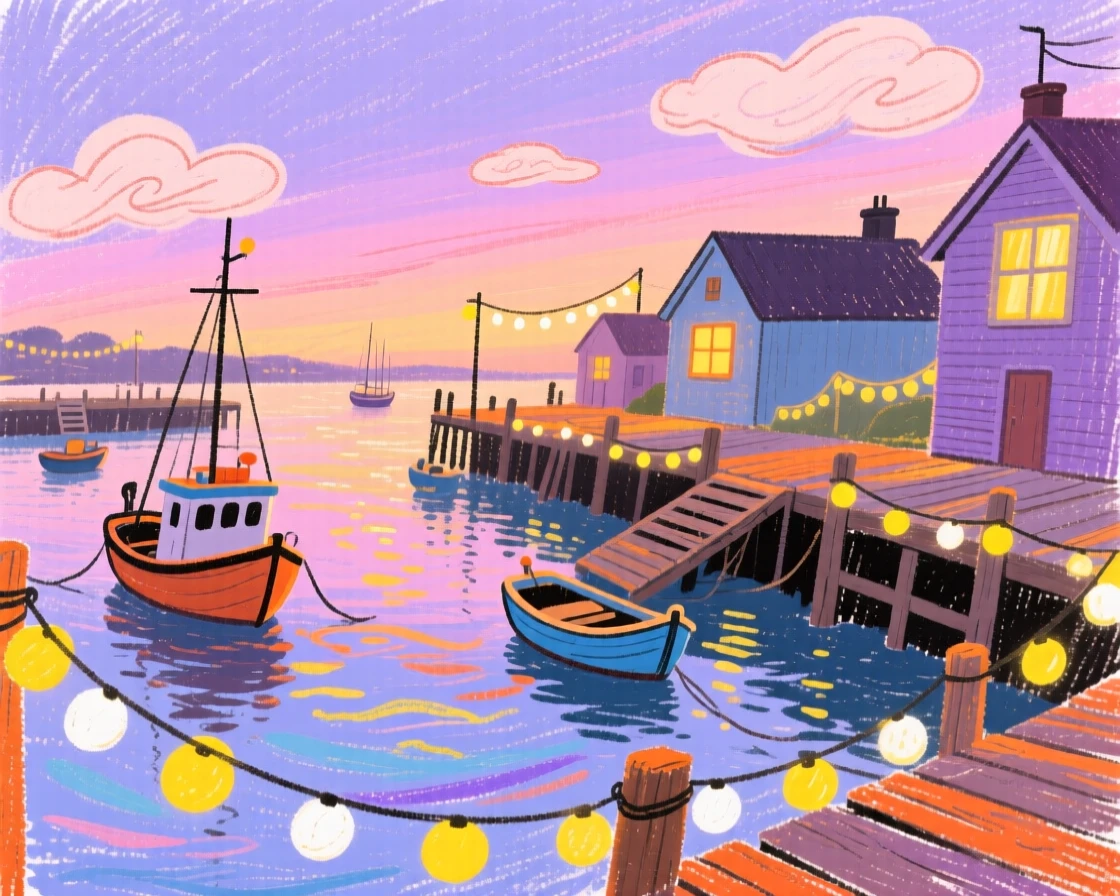 A view of a quiet harbor glowing warmly as evening lights begin to switch on.