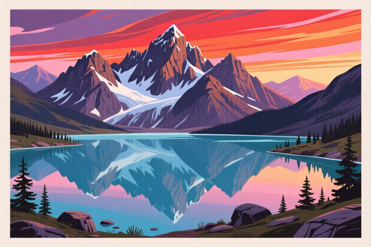 A dramatic mountain range reflected in a still glacial lake, under a dramatic sunset sky, captured from a scenic elevated viewpoint, with a nostalgic, postcard-like charm.
