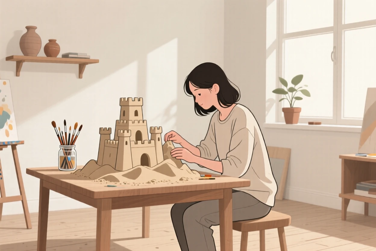 A person building a sandcastle in a quiet home studio.
