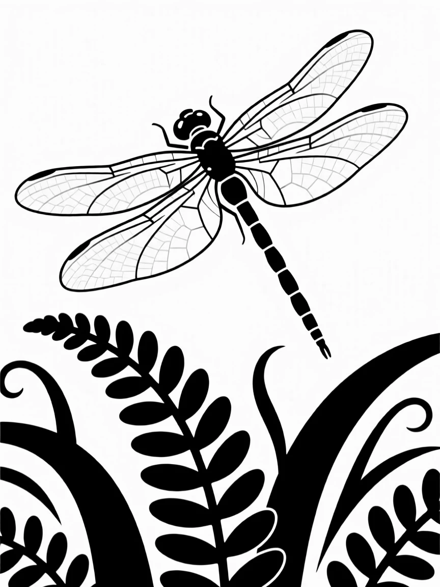 A giant prehistoric dragonfly hovering over ferns.