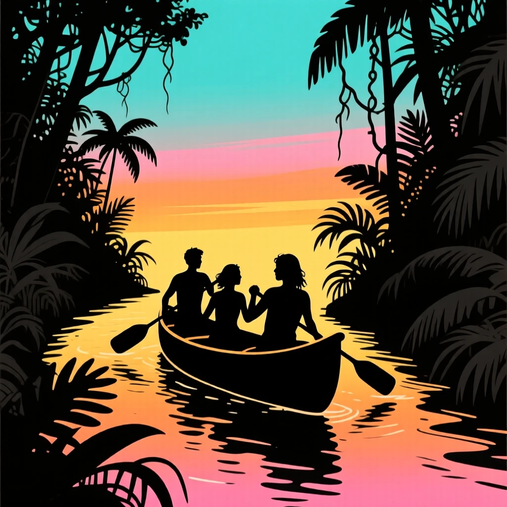 A group of friends canoeing through a narrow, jungle-lined river.