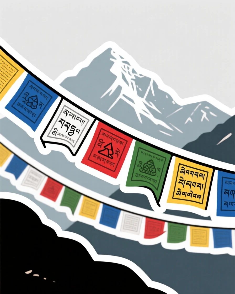 A charmingly authentic Nepalese prayer flags fluttering in mountain wind, with a gentle breeze moving through the scene, in a moment worth remembering forever.