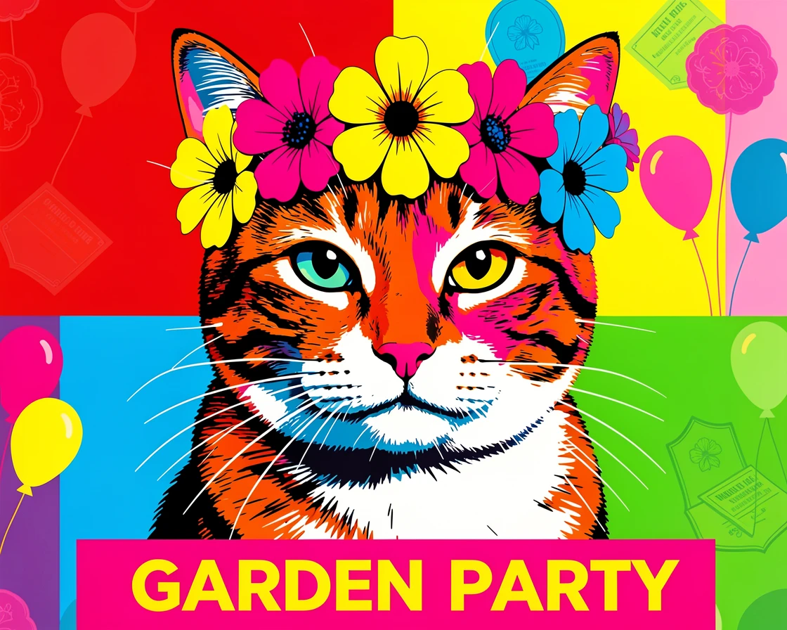 Cat wearing a flower crown at a garden party