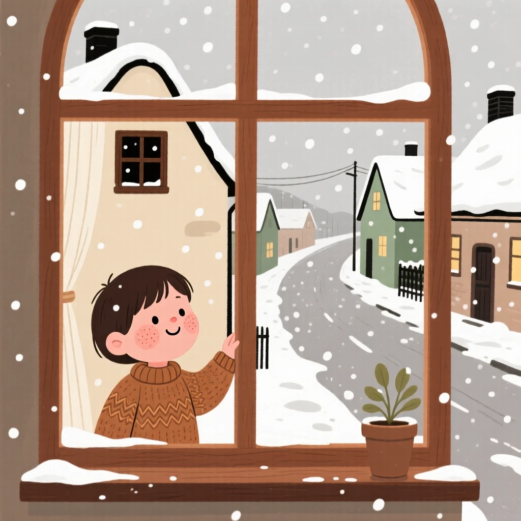 Soft snow falls over a quiet village street as a child watches from a nearby window, wrapped warmly against the spring air.