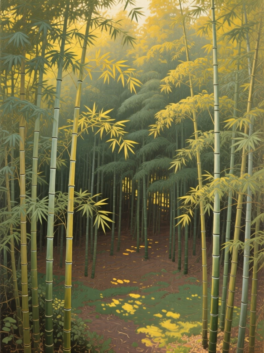 An aerial view of a bamboo forest with tall stalks swaying in a gentle breeze, in the Victorian era, in late afternoon.