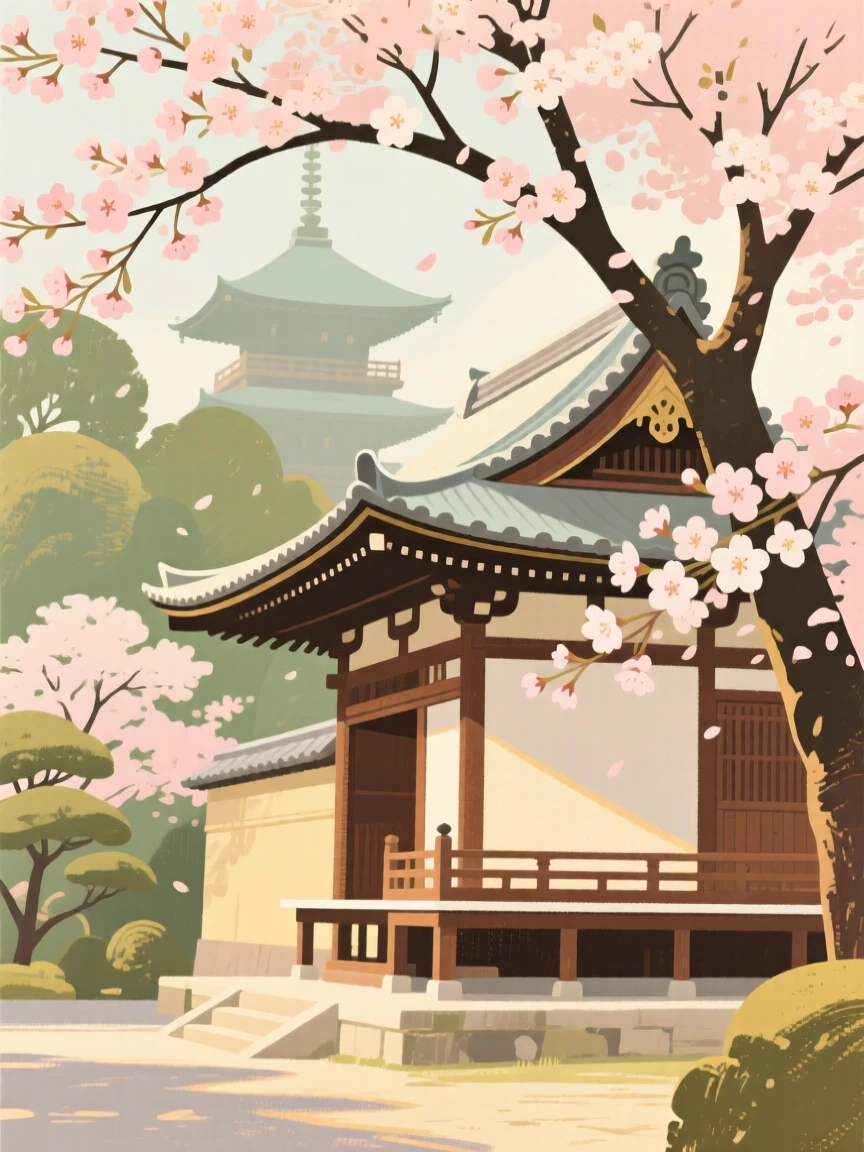 A view of Kyoto's temples framed by blooming cherry trees