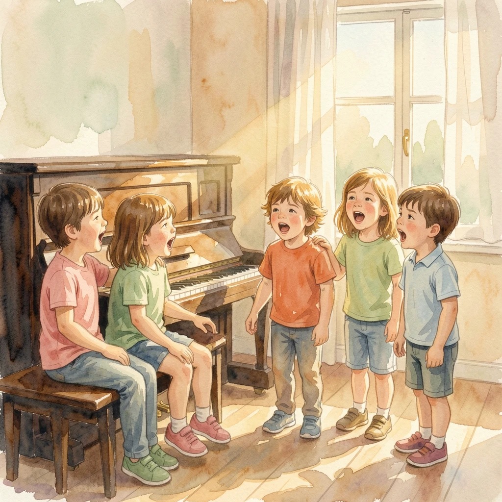 Children singing around a piano as golden afternoon light glows around them.