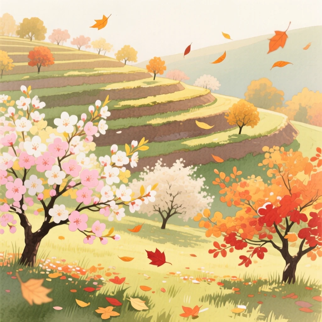 A breathtaking view of an orchard in full bloom as autumn leaves fall, where terraced fields catch the light