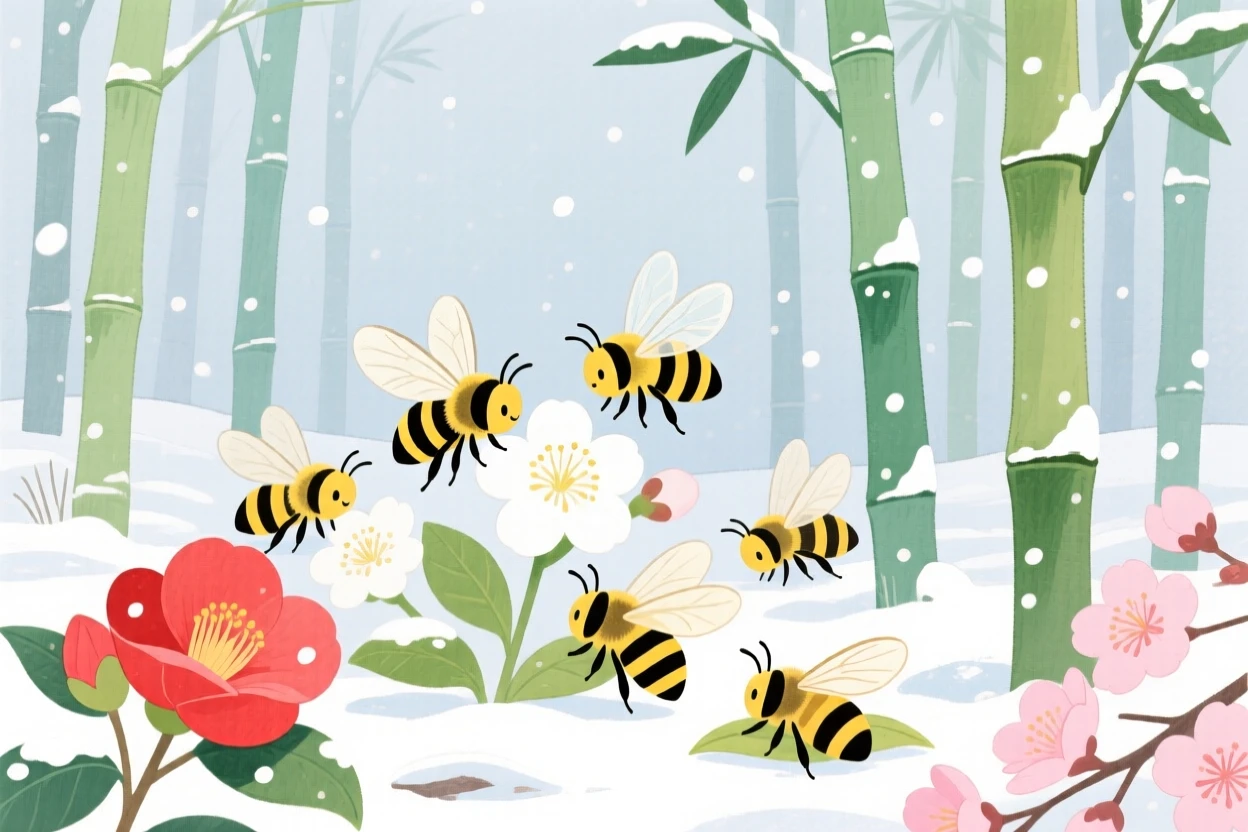 A group of bees visiting flowers resting peacefully in a bamboo grove in the first snow of winter.