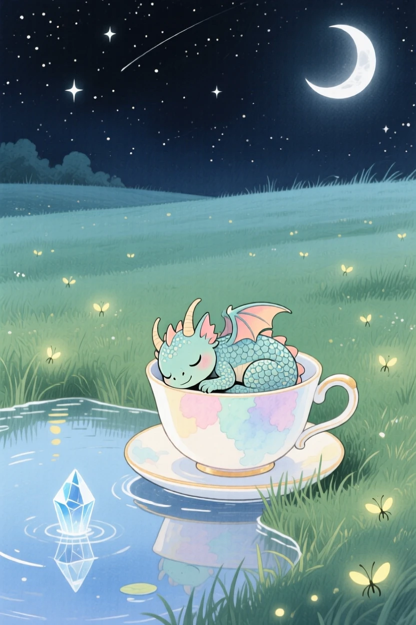 A tiny dragon curled asleep in a teacup resting beside a crystal-clear pond under moonlight, in a moonlit meadow dotted with fireflies, evoking awe and quiet enchantment.