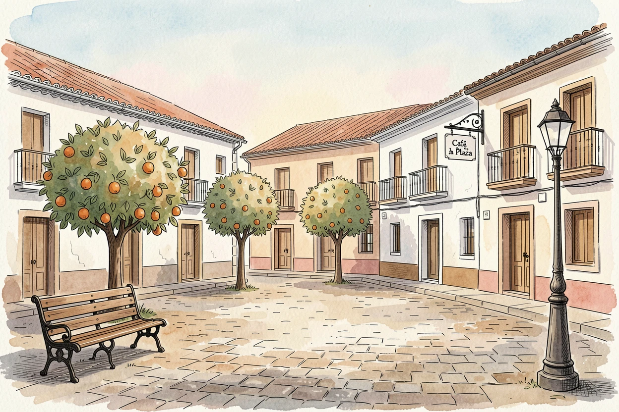 A quiet plaza in an old Spanish town lined with orange trees, the streets quiet in the soft light of early morning.
