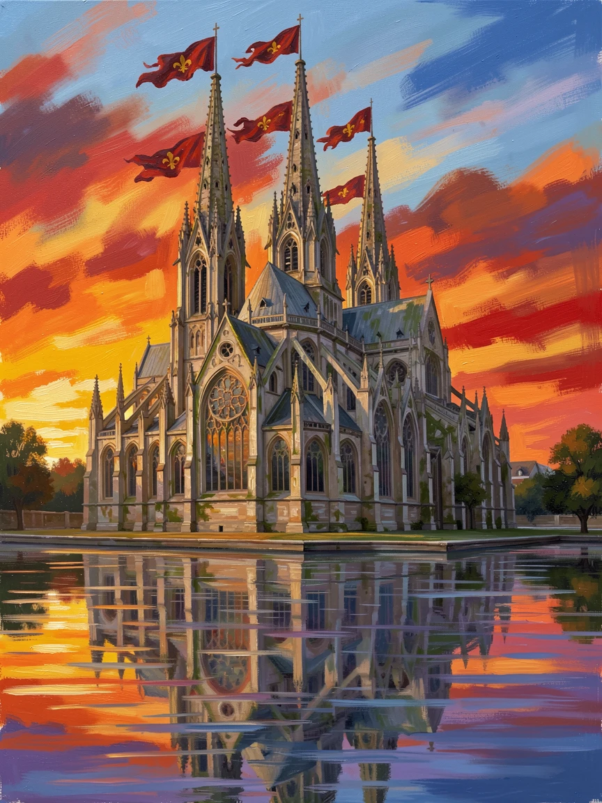 A grand Gothic cathedral with soaring spires, flags fluttering atop its highest towers, beside a moat reflecting its weathered stone walls, at sunset, its silhouette glowing against a fiery sky.