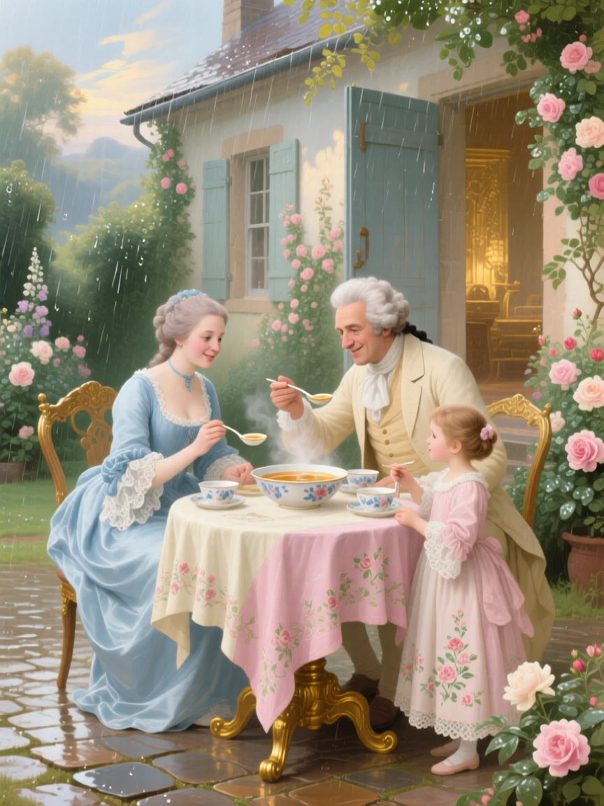 A family sharing soup outside a country cottage after rain  