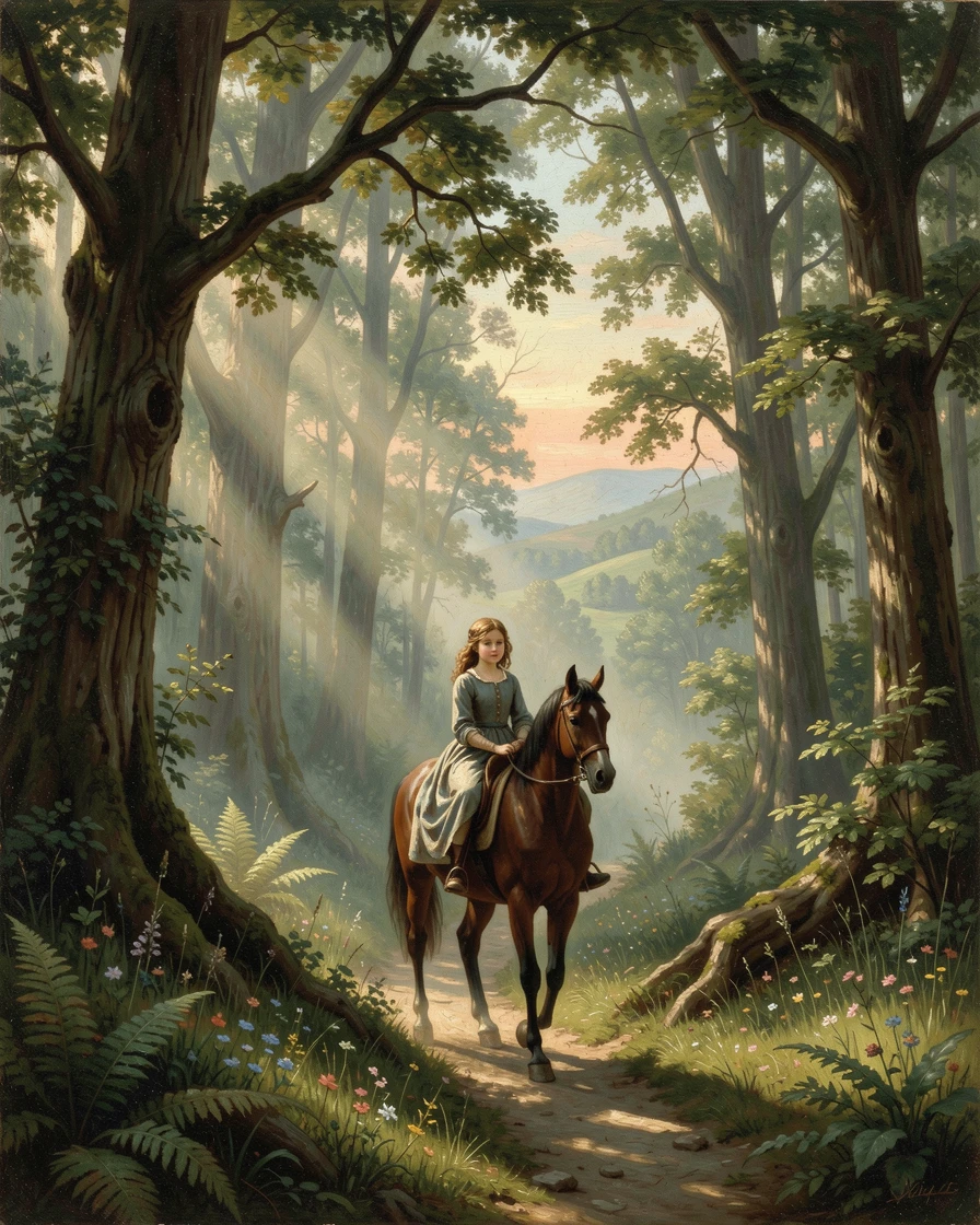 A young girl rides along a path in a misty grove at the forest's edge as sunlight filters through the leaves.