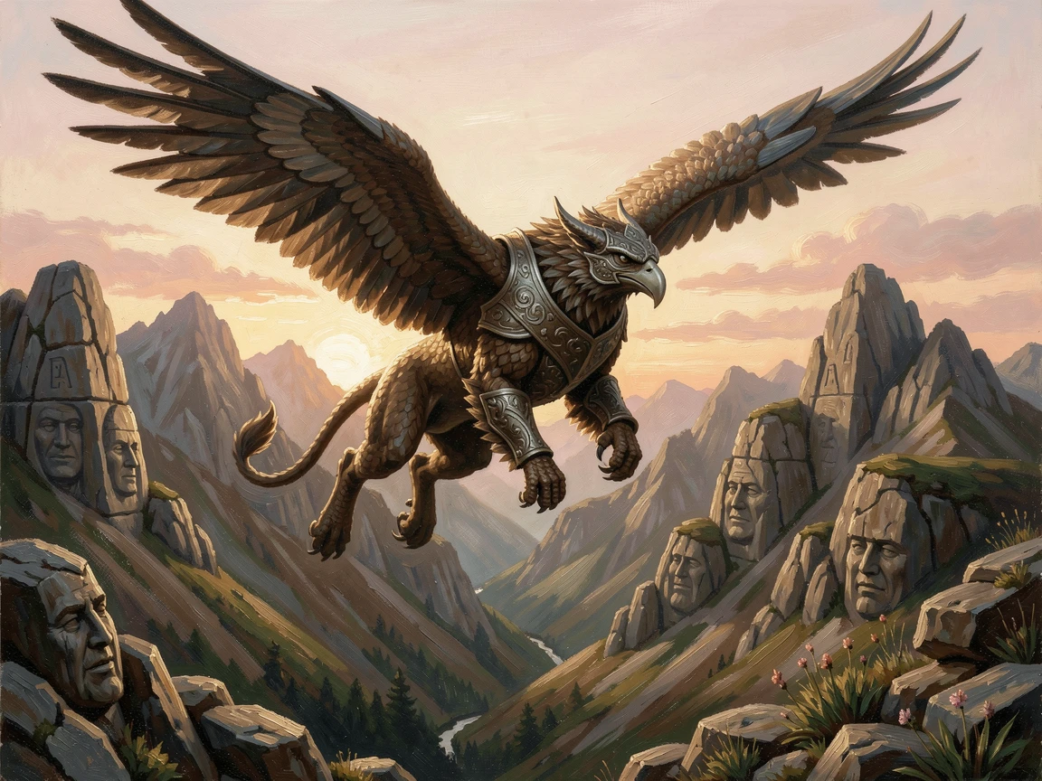 A fierce griffin soaring above a dramatic mountain range at sunrise, with intricate textures on armor, scales, or ancient stone, blending fantasy imagination with striking photorealistic detail