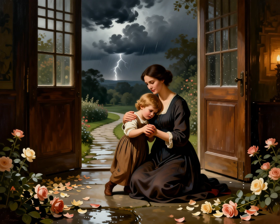 A mother comforting her frightened child during a thunderstorm at the exact instant a memory is quietly being made, set beside a garden path scattered with fallen blossoms, with small, telling gestures like a held hand or a shared glance; gentle framing by a doorway or window softens the intimate scene, radiating warmth, comfort, and belonging.
