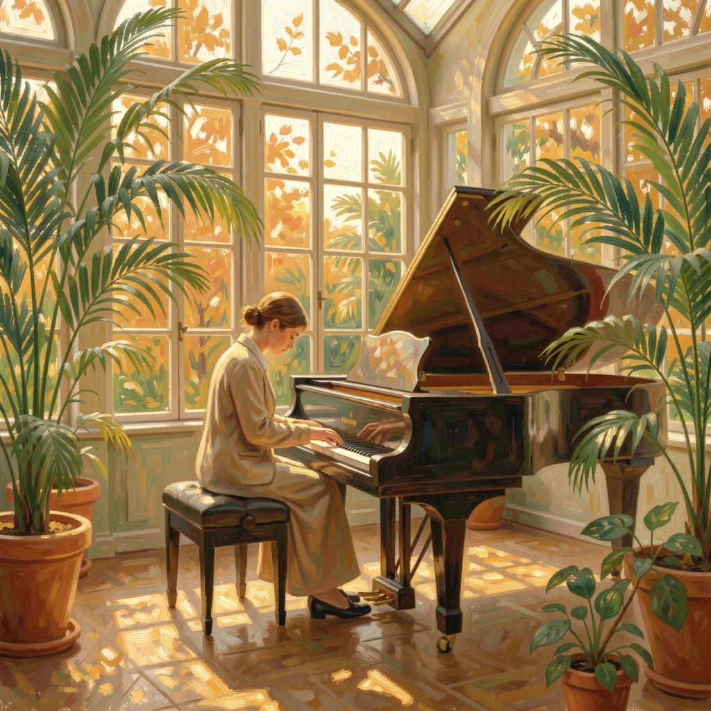 A pianist lost in thought at a grand piano in a sunlit conservatory filled with potted palms, in the golden days of autumn, radiating serenity and gentle stillness.