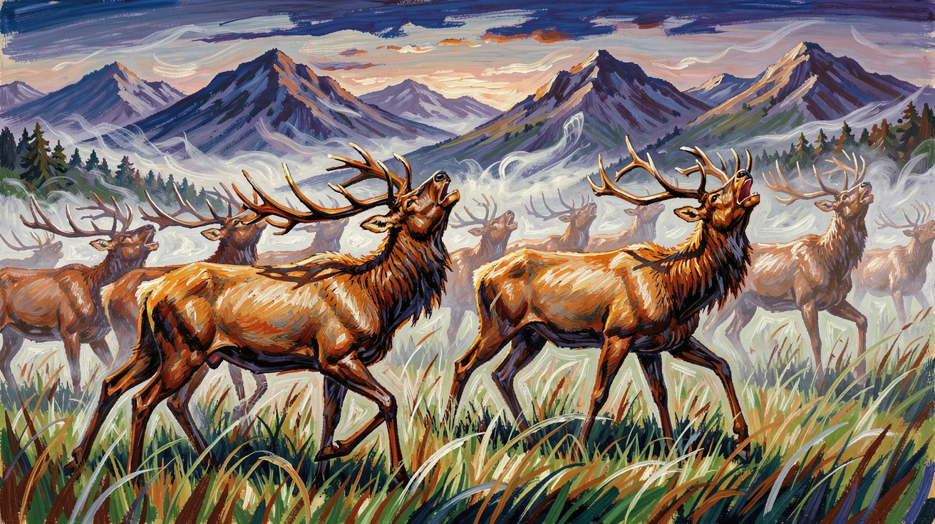 A herd of elk bugling at dawn in a misty mountain meadow.