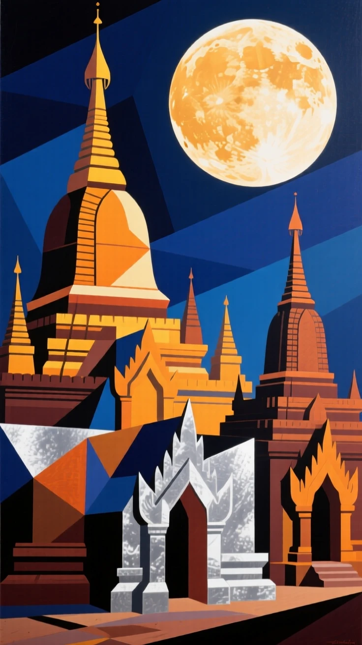 A breathtaking view of the temples of Bagan, glowing softly under a full moon.
