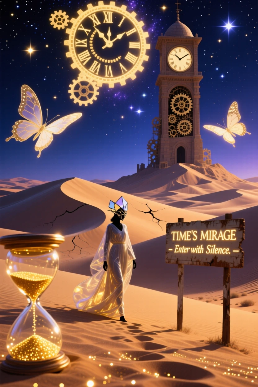 A desert of rolling dunes made from fine golden hourglass sand glows softly from within as night settles over it, while a lone figure walks quietly through its heart.