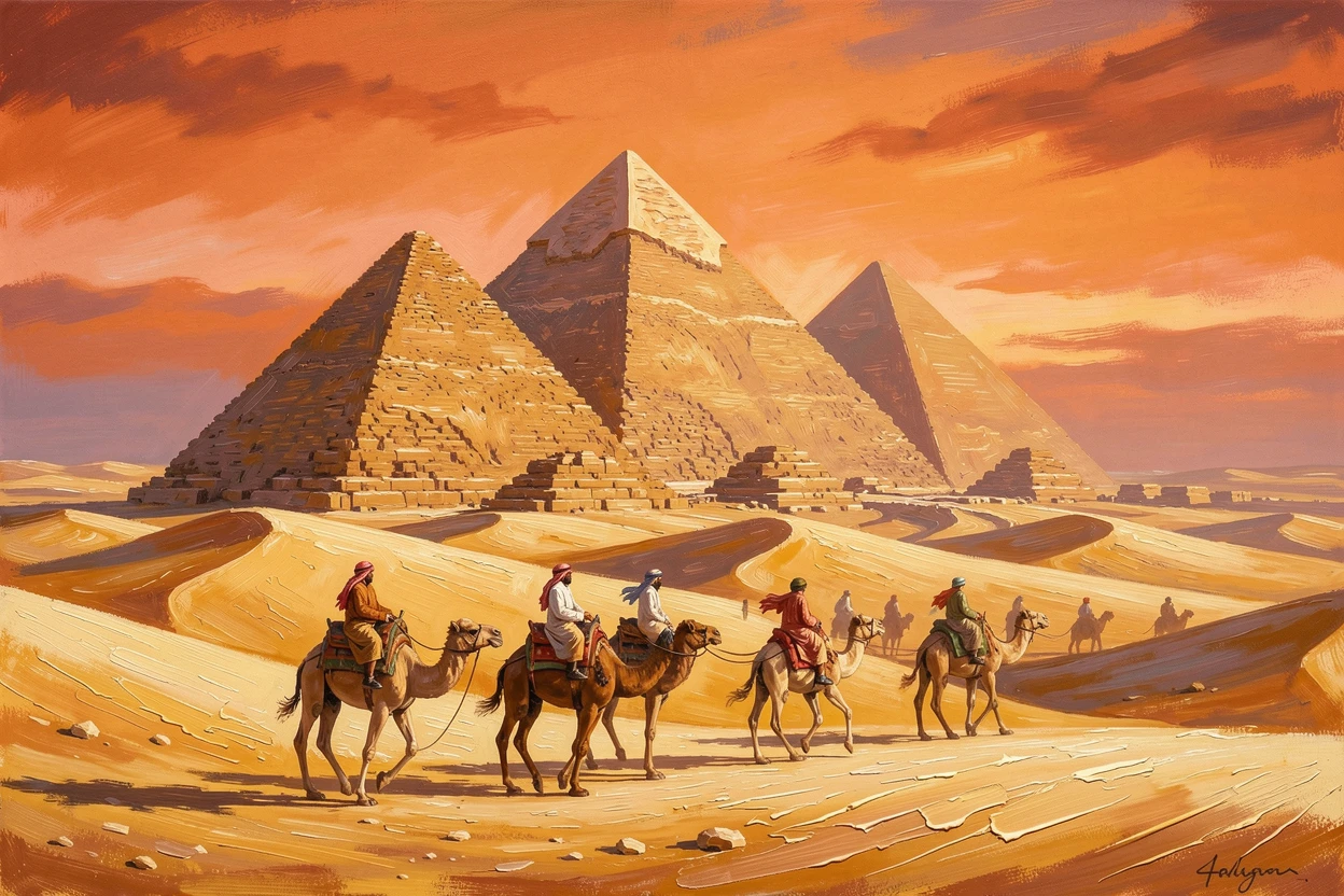 The Pyramids of Giza rise from golden desert sand at sunset, a camel caravan crossing the foreground as the sky glows deep orange, the atmosphere feeling both timeless and quietly alive with the rhythms of daily life.