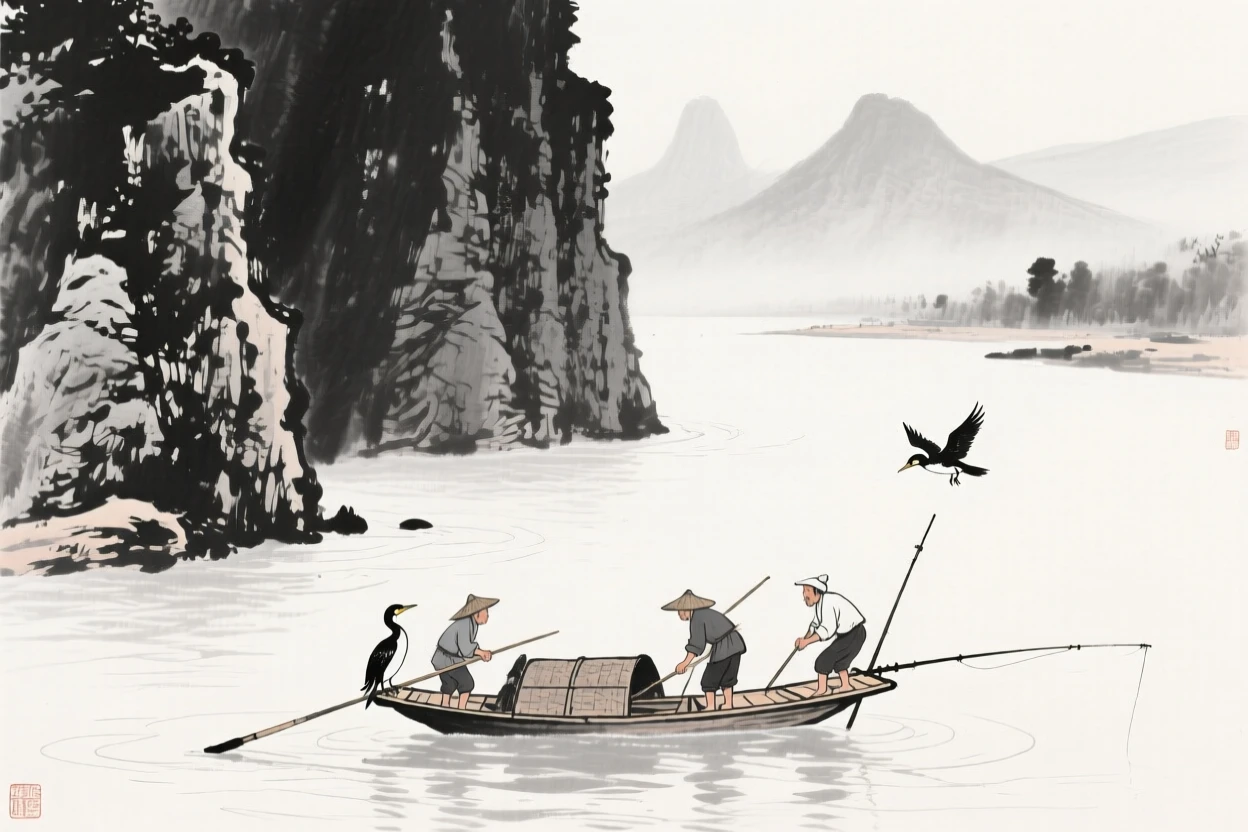 Cormorant fishermen work together on a river beneath tall cliffs, with mountains fading into the haze beyond the water.