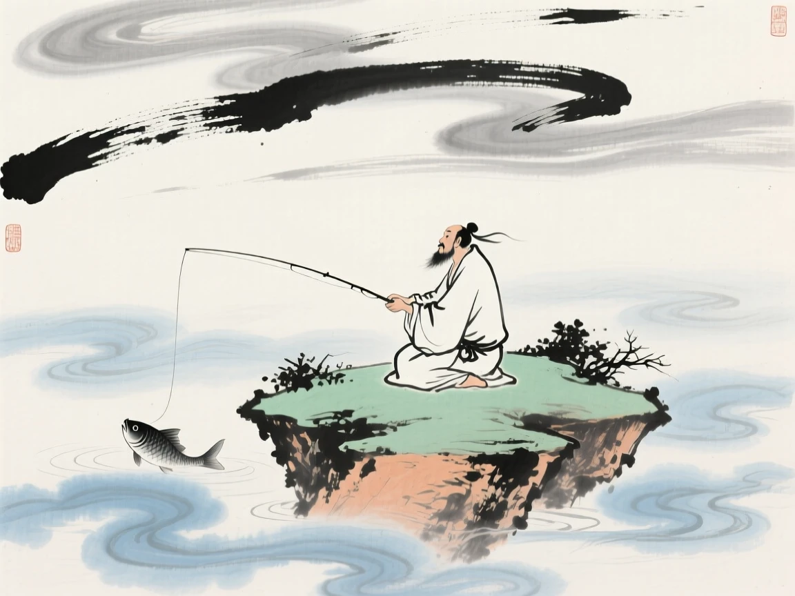 An immortal fisherman casting a line from a floating island in the clouds, under a sky streaked with clouds, as morning mist begins to lift, evoking a sense of quiet solitude.
