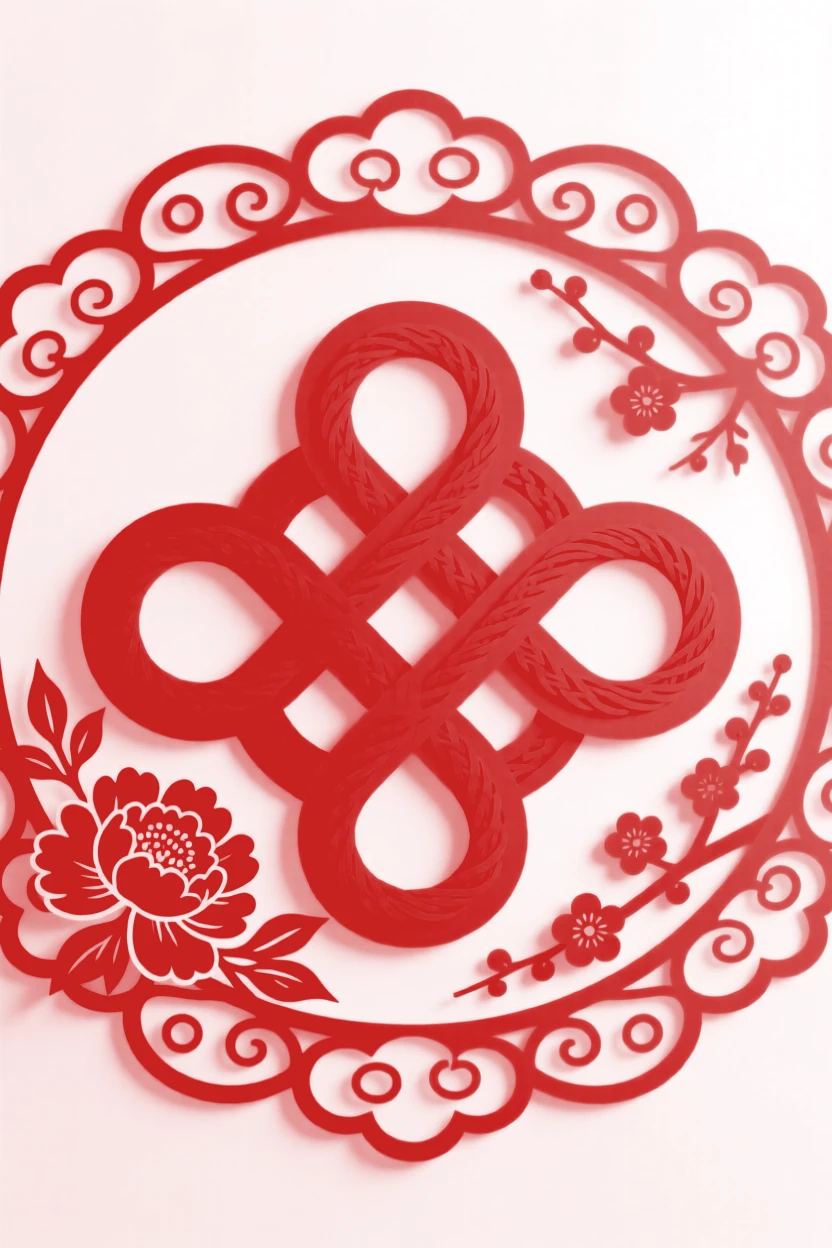 An endless knot of red cord, bordered by a repeating cloud pattern, celebrating longevity and family blessings.