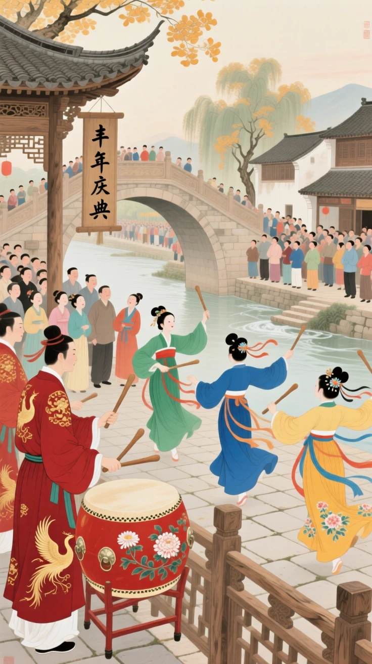A village celebration with drummers and dancers in colorful silk, seen from a bridge overlooking the crowd