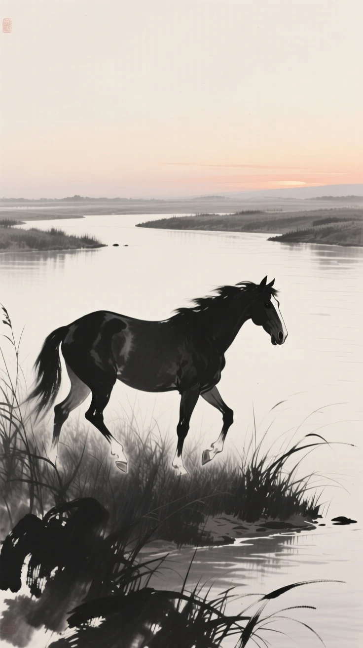 A horse walking through tall grass at dusk along the bank of a quiet river, captured in profile against a soft, empty background, suggesting calm alertness within a peaceful world.
