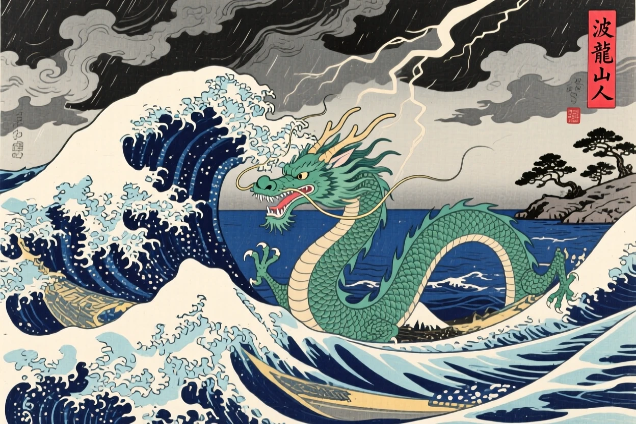 A water dragon emerging from crashing waves beneath a stormy sky.