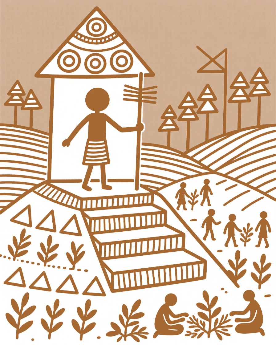 A village healer at a hilltop shrine overlooking the valley.