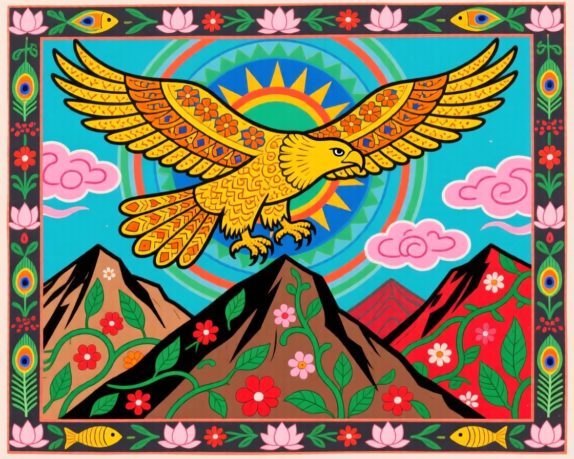 A golden eagle soaring above a rugged mountain ridge.