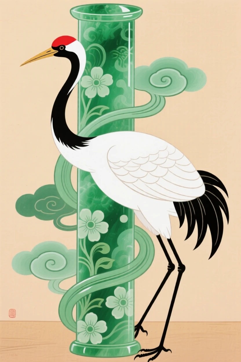 A snow-white crane, coiling around a jade pillar.